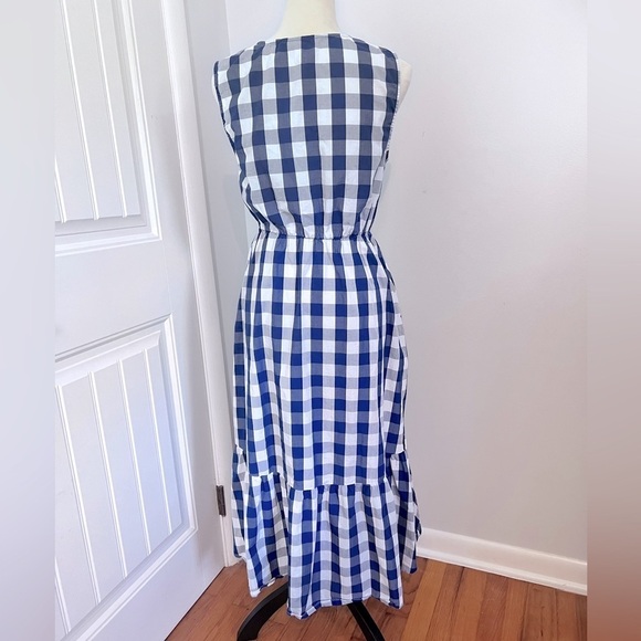 POPSUGAR GINGHAM DRESS SZ M RUFFLE HEM FAUX WRAP SKIRT BLUE WHITE - Picture 5 of 15